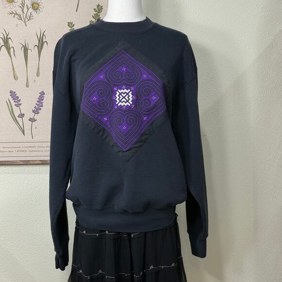 Vintage 90s Heart Embroidered Quilted Sweatshirt Grandma Cottage Whimsigoth L - Picture 1 of 7